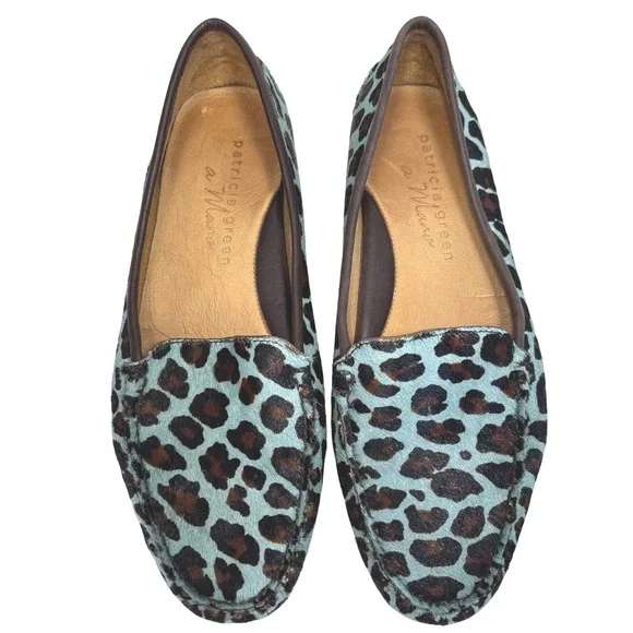 Patricia Green A Mano Turquoise Leopard Calf Hair Driving Loafers Size 9.5 - Picture 1 of 11